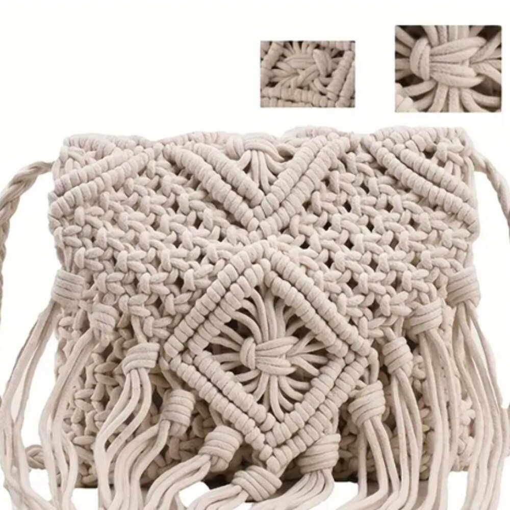 Crochet Boho Chic Woven Rope Tassel Crossbody -Ivory - NWT